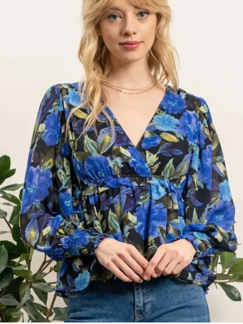 Cottagecore Blue Floral Peplum Blouse by Blu Pepper Long Sleeve  Size Small NWT